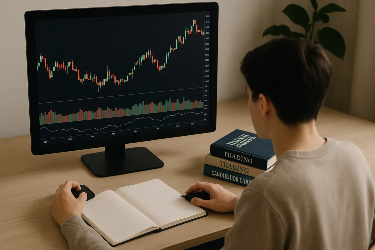 Pessoa estudando trading do zero em um computador com gráficos financeiros